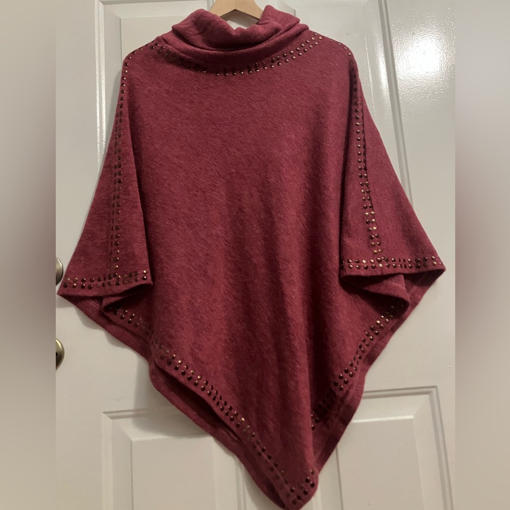 Dusty rose colored cowl neck knit poncho- gold tone studs